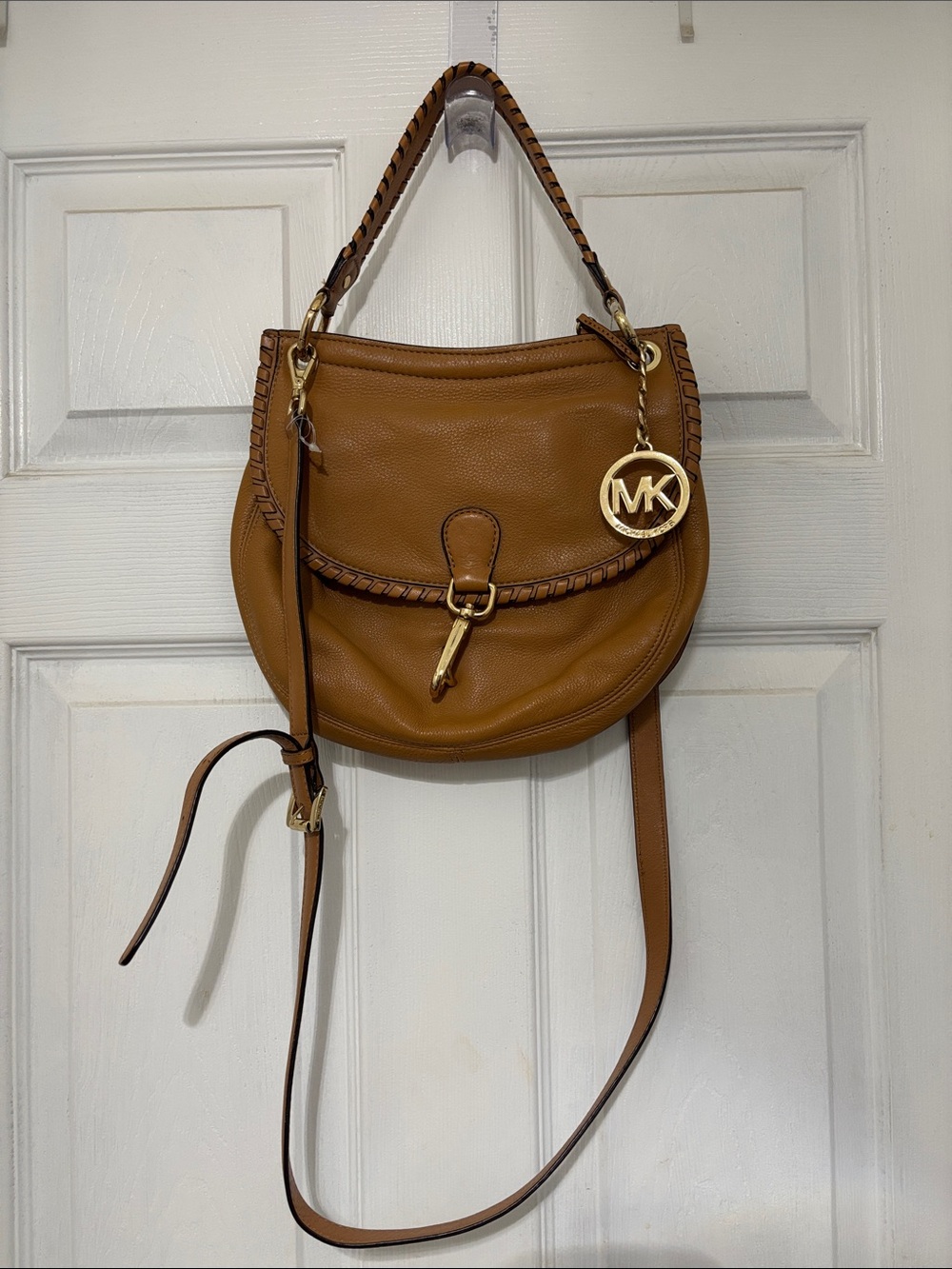 Michael Kors Tan Leather Shoulder Bag with Gold MK Charm